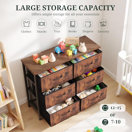 6-Drawer Dresser for Bedroom, Anti-Tip Wide Storage Organizer Chest of Drawers with Wooden Top and Metal Frame Fabric Bins for Closet, Living Room, Hallway, Entryway, Brown - color: Brown, size: 11.8"D x 31.5"W x 31.5"H (6 Drawers)