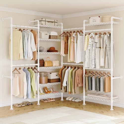 ONBRILL L4 Wall Mounted Industrial Pipe Clothing Rack, Closet Organizer System with 6 Hanging Clothes Rods ( 4 Expandable Rods) & 8 Shelves, Heavy Duty Corner Garment Rack, Large Wardrobe - White - color: White