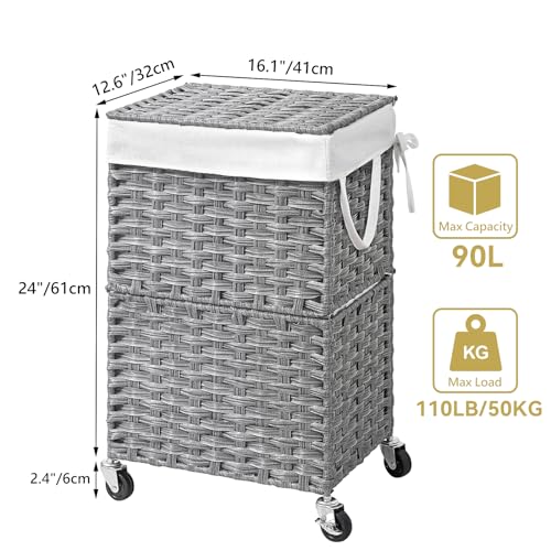 Chrislley 90L Slim Laundry Hamper with Wheels, Rolling Laundry Basket with Lid and Renovable Liner Bag, Handwoven Rattan Organizer for bedroom, bathroom, laundry room (Grey) - color: Grey