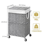Chrislley 90L Slim Laundry Hamper with Wheels, Rolling Laundry Basket with Lid and Renovable Liner Bag, Handwoven Rattan Organizer for bedroom, bathroom, laundry room (Grey) - color: Grey