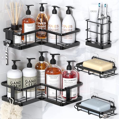 YASONIC Corner Shower Caddy, 5-Pack Adhesive Rustproof Stainless Steel Shower Organizer with Soap Holder, No Drilling Shower Shelf for Inside Shower, Dorm, Renters, Black - color: Black, size: 5Pack