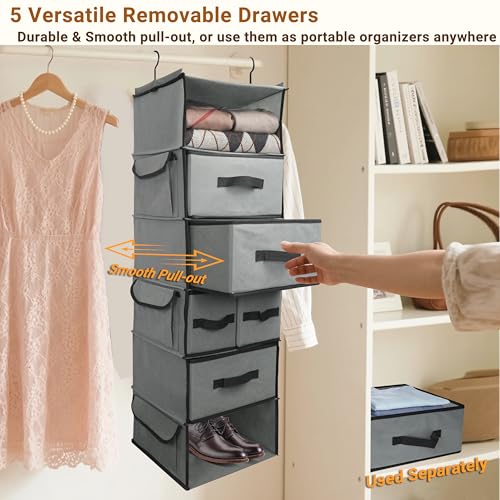 Durable 6-Tier hanging closet organizer with 5 Drawers & 3 Side Pocket,Thickened Fabric Hanging Shelves Holder with Sturdy Hook,Space-saving Storage Organization for Bedroom,Dorm,Guestroom,RV,Bathroom - style: Inseparable-6 Tier