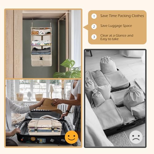 Surblue Hanging Closet Storage Bag Collapsible 3-Shelf Washable Oxford Fabric with 2 Hooks (L 11.41 * 11.41 * 19.68in, Beige) - color: Beige, size: L 11.41*11.41*19.68in
