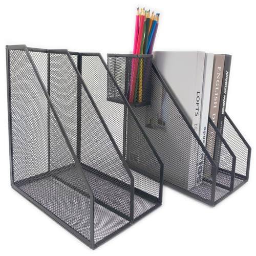 2 Set Desk Organizers, Metal Desk Magazine File Holder and 1 Pen Holder, 2 Compartments Mesh File Holder, Mesh Desktop Organizer and Storage,Black - color: 2 File Holder With Compartments Black