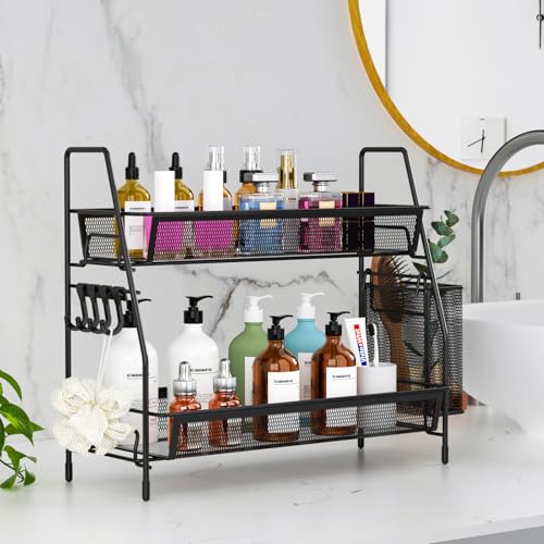 VITVITI 2-Tier Bathroom Organizer Countertop, Metal Wire Mesh Bathroom Counter Organizer Storage with Basket Hooks, Vanity Tray Shelf, Kitchen Spice Rack, Black - color: Large Black Wire Mesh