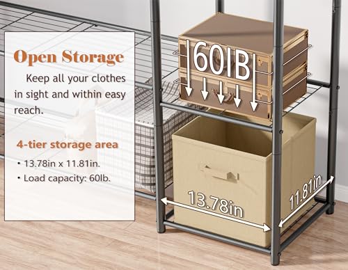 Wardrobe Closet,Portable Clothes Rack with 4 Tiers Shelves,Freestanding Closet Organizers and Storage System with Hanging Rods,Steel Clothing Rack Suitable for Cloakrooms,Bedrooms,Entrances,etc.Black - color: BLACK