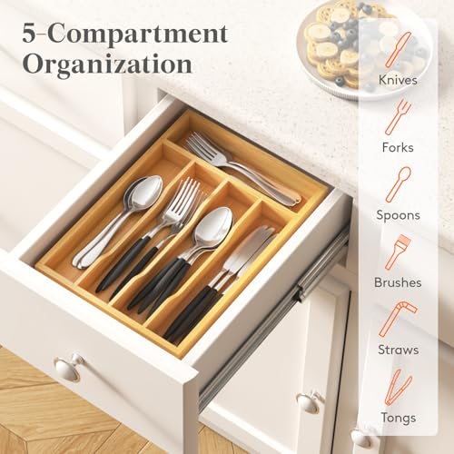 Lifewit Silverware Drawer Organizer, Utensil Tray for Kitchen, Flatware and Cutlery Holder, Storage for Spoons Forks Knives, 6.7 x 12", Natural - size: 6.7"W x 12"D