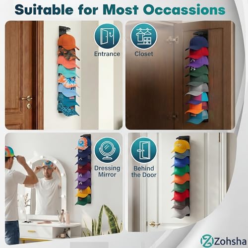 2 Pack Hat Organizer for Baseball Caps, Hat Rack with Strong Adhesive, Wall Mounted Hat Hooks for Hat Storage Display, Holds up to 20 Hats, Multi-Layer Cap Organizer for Closet Door and Bedroom(Black)