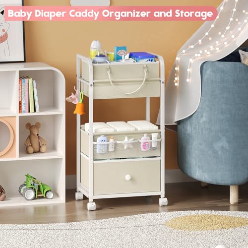 Cidaziya 2In1 Baby Diaper Caddy Organizer and Storage, 3 Tier Rolling Cart with Drawer, Mobile Utility Cart Baby Dresser Clothes Organizer for Crib, Art & Craft Storage, White, 17"W x 11.42"D x 33.5"H - color: White, size: 17"W x 11.42"D x 33.5"H