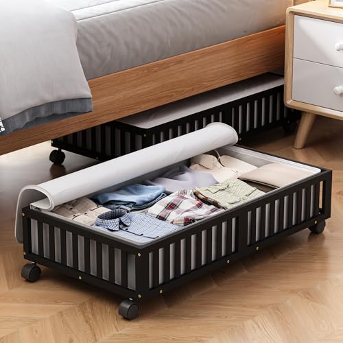 Bamboo Under Bed Storage Containers with Wheels, 2 Pack Large Under the Bed Shoe Storage Bins, Wood Rolling Underbed Drawers Organizer for Bedroom Closet Clothes Blanket Under Crib Toy Black - color: Black, size: 2 PCS (33.07"×16.54")