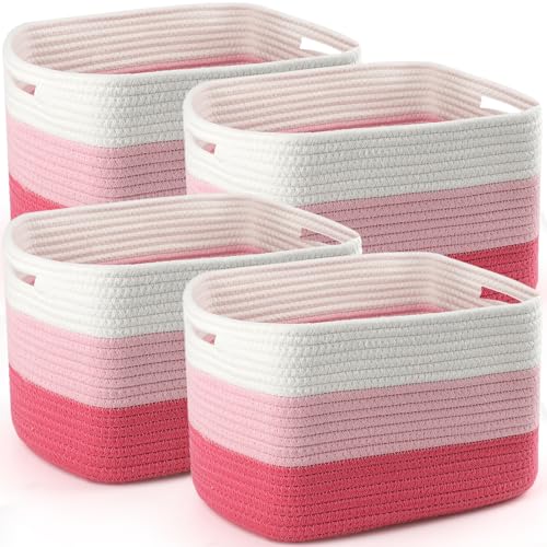4 Pack Storage Baskets for Organizing, 12''Lx9''Wx8''H Woven Baskets for Storage Toys, Towels, Books, and Clothes, Cotton Rope Basket for Shelves with Handle (White & Pink) - color: White & Pink