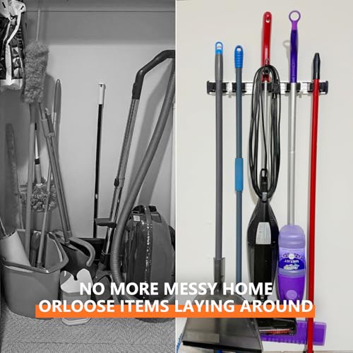 reliahom Broom Holder Wall Mount, 4 Racks with 5 Hooks Black - Mop Storage Tool Racks, Broom Hanger Tool Organizer for Garage, Kitchen, Garden, Laundry Room - color: Black, size: 1 Pack 4R5H