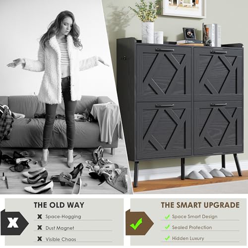 Nicetree Shoe Cabinet with 4 Flip Drawers, Hidden Shoe Rack Cabinet with Metal Legs, Farmhouse Narrow Shoe Storage Cabinet for Entryway, Foyer, Hallway, Black with Hook - color: Black, style: 4-Drawers