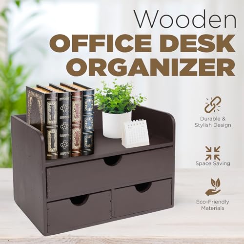 Besti Wooden Office Desk Organizer - Organizing Tool for Desktop, Cubicle, Bedroom, Kitchen - Vintage Style Organization Caddy with Top Tray Shelf & 3 Drawers - 13.6x9x7 Inches (Dark Brown) - color: Dark Brown