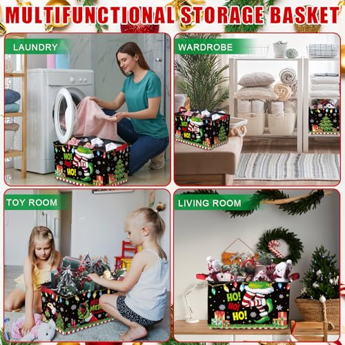 Geelin 3 Pcs Green Christmas Baskets Storage Black Green Merry Christmas Basket for Gifts Collapsible Waterproof Canvas Xmas Storage Bin Organizer with Handles for Book Closet Shelf Nursery Decor - style: Green Christmas