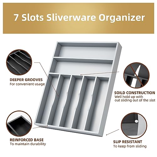 Besilord Silverware Organizer 13 Inch Gray Bamboo Kitchen Drawer Organizer 7 Slots Utensil Organizer Silverware Holder Cutlery Organizer Flatware Tray (Large) - color: Gray, size: 7 Slots