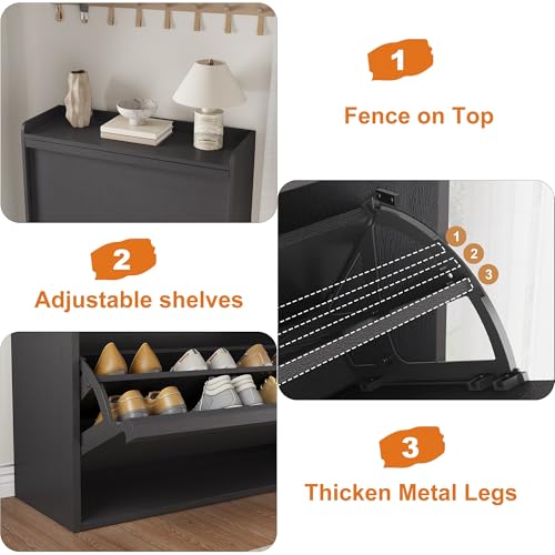 GarveeHome Shoe Cabinet with 3 Flip Drawers, Wooden Shoe Organizer Cabinet with Adjustable Shelf, Shoe Storage for Entryway, Hidden Shoe Cabinet for Hallway, Living Room, Black - color: Black, size: 3-Drawers