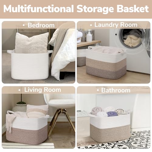 Goodpick Large Woven Basket 18" x 14" x 12" Cotton Rope Storage Baskets for Organizing, Rectangle Blanket Basket for Living Room Bedroom, Toy Baskets Storage Kids, White - color: White, size: 18"L x 14"W x 12"H