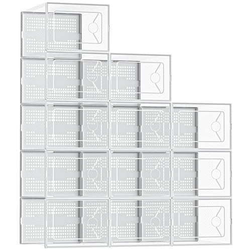 DUMOS Shoe Storage Boxes, 12-Pack Stackable Clear Shoe Containers with Lids, Display Sneaker Case Organizer for Closet, Under Bed, Entryway,White (Fit Size 9)