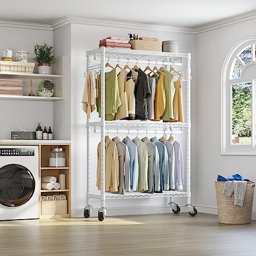 VIPEK R2 Heavy Duty Rolling Garment Rack 3 Tiers Adjustable Clothes Racks with Double Rods & Hooks, Freestanding Wardrobe Closet Storage Rack Metal Clothing Racks for Hanging Clothes, White - color: White, size: R2