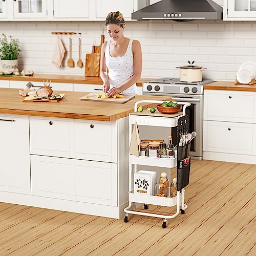 DTK 3 Tier Metal Utility Rolling Cart with Table Top and Side Bags, Metal Tray Storage Organizer Cart with Wheels, Art Craft Cart with 4 Hooks for Kitchen Bathroom Office Living Room (White) - color: White, size: Large