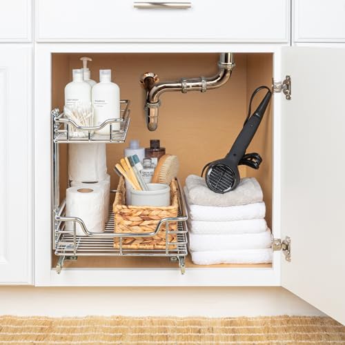 Household Essentials Glidez Multipurpose Chrome-Plated Steel Pull-Out/Slide-Out Storage Organizer for Under Sink or Under Cabinet Use - 2-Tier Design - Fits Standard Size Cabinet or Shelf, Chrome - size: 12.25" - Standard, style: Undersink