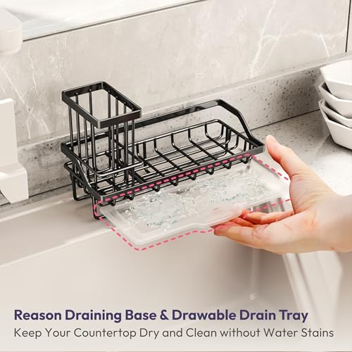 SWTYMIKI Sink Caddy Sponge Holder - Kitchen Sink Organizer with High Brush Holder for Countertop to Hold Dish Soaps and Sponges, Stainless Steel, Black - color: Black, size: Medium