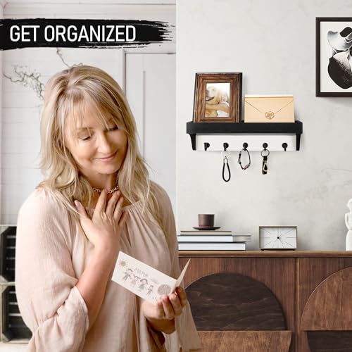 Rebee Vision Key Holder Wall Mount with Shelf - Decorative 2-Color Key Rack with 5 Rustic Key Hooks and Primitive Wood Mail Organizer Wall Mount - Modern Farmhouse Entryway Decor (Black & White) - color: Black&White