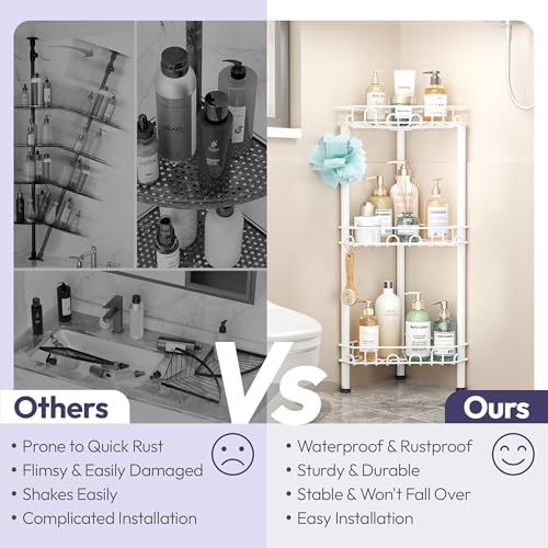 SWTYMIKI Standing Shower Caddy Corner - 3‑Tier Stainless Steel Shower Organizer Shelf with 12 Hooks and Adhesive Pads, Rustproof Corner Shelves Stand Rack for Bathroom Shower Room, white - color: White