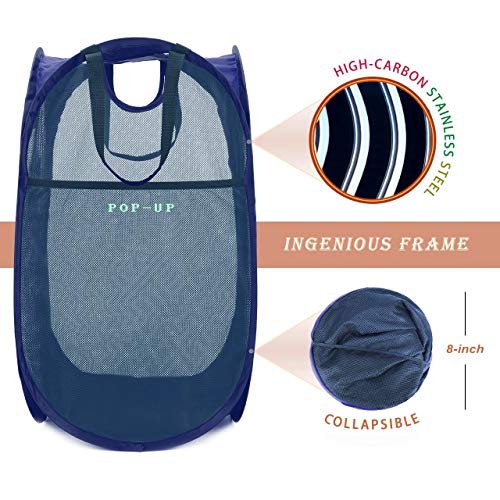 HOUSE AGAIN [Reinforced] Strong Mesh Pop-up Laundry Hamper, Quality Collapsible Laundry Basket with Durable Handles Solid Bottom High Carbon Steel Frame, Easy to Open and Fold Flat for Storage(Blue) - color: Blue, size: 1-Pack