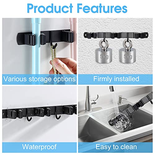 Huryfox Heavy-Duty Stainless Steel Broom Holder, Black, Wall Mount, 1-4 cm Diameter Compatible, Adjustable, 3 Racks, 2 Hooks, Space-Saving - size: 3 Racks and 2 Hooks