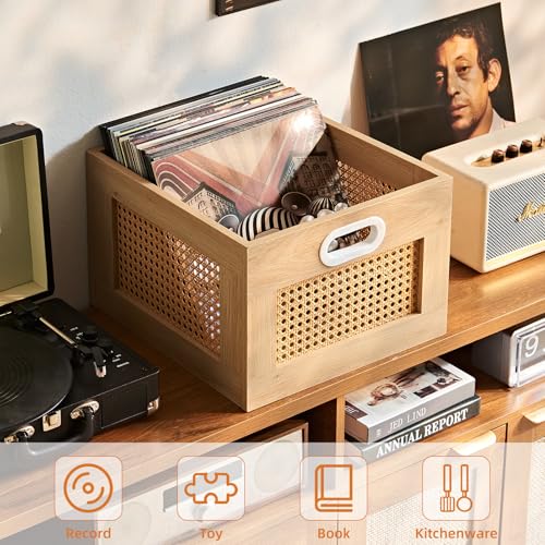 LELELINKY 2 Pack Vinyl Record Storage Crates, Rattan Vinyl Record Holder with Handle, Natural Wood Record Crate for Vinyls Holder up to 75 LP's, Desktop Cube Album Storage for Vinyls Records - color: Natural, size: 2 Pack
