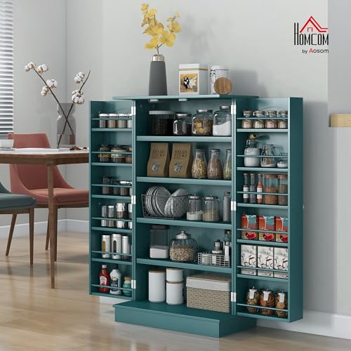 HOMCOM 41" Kitchen Pantry Storage Cabinet, Freestanding Kitchen Cabinet with 12 Door Shelves, Double Doors, 5-Tier Shelving and Adjustable Shelves, Blue - color: Blue, size: 41"H