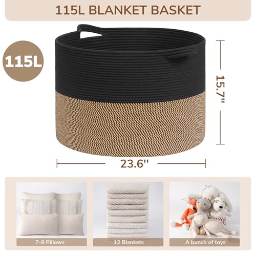 INDRESSME 115L Extra Large Storage Baskets for Organizing, Blanket Basket Living Room Dog Toy Bin, Wicker Storage Woven Laundry Basket for Pillows, Towel Shoes Entryway, Mix Black - color: Black & Mix Camel, size: 23.6"D x 15.7"H