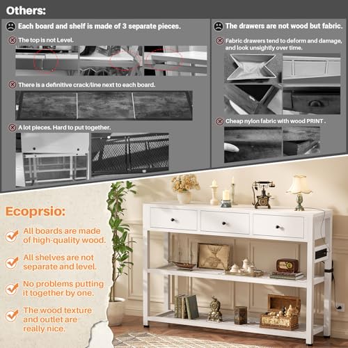 Ecoprsio 47'' Entryway Table with Outlets and USB Ports, Console Table with 3 Drawers, Sofa Table Narrow Long with Storage Shelves for Living Room, Couch, Hallway, Foyer, Kitchen Counter, White - color: White, size: 47-In