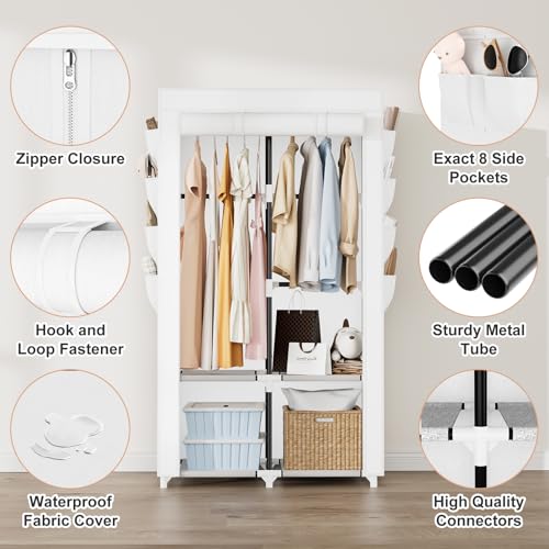 Portable Closet for Hanging Clothes, Portable Wardrobe Closet with Cover, 4 Storage Shelves, 2 Hanging Rods and 8 Side Pockets, Easy Assembly and Sturdy Free Standing Closet for Bedroom, White - color: White