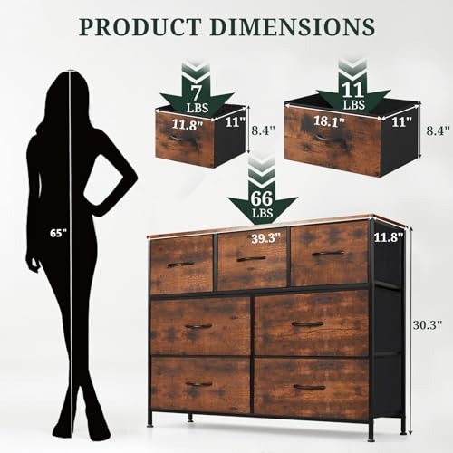 7-Drawer Dresser for Bedroom, Anti-Tip Wide Storage Organizer Fabric Chest of Drawers TV Stand for 45" TV with Wooden Top and Metal Frame for Closet, Living Room, Hallway, Entryway, Brown - color: Brown, size: 11.8"D x 39.3"W x 30.3"H (7 Drawers)