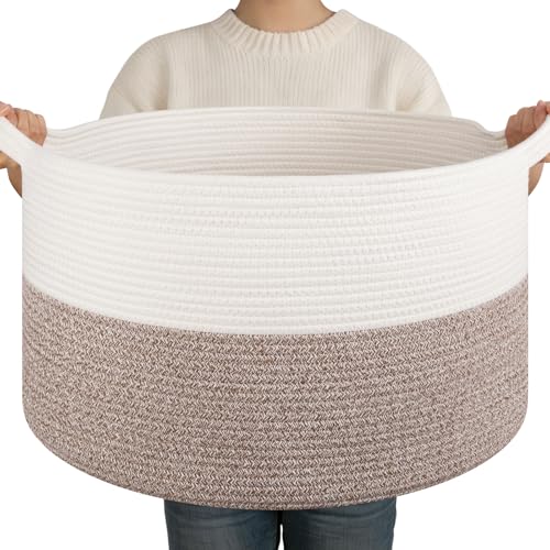 OIAHOMY Large Blanket Basket for Living Room, 19.7" x 12.6" Woven Cotton Rope Laundry Basket for Organizing Pillows, Decorative Stuffed Animal Toy Storage Bin for Nursery, White and Linen Brown - color: White and Linen Brown, size: 19.7"D x 12.6"H
