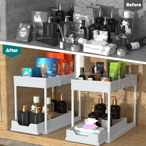 Under Sink Organizer - 2 Pack | Pull out Bathroom Organizer | 2 Tier Slide out Bathroom/Kitchen Organizers and Storage | White - style: 2 PACK White