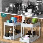 DEKAVA Cabinet, 2 Pack Under Sink Organizer, 2 Tier Sliding Bathroom Kitchen Organizer, Large White ABS Baskets, Easy Install & Clean - color: White