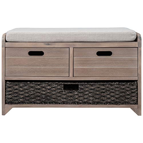 Fully Assembled Solid Acacia Wood Storage Bench - Shoe Organizer with 2 Drawers, Removable Basket & Padded Cushion, Rustic Entryway Bench (White Washed) - color: White Washed