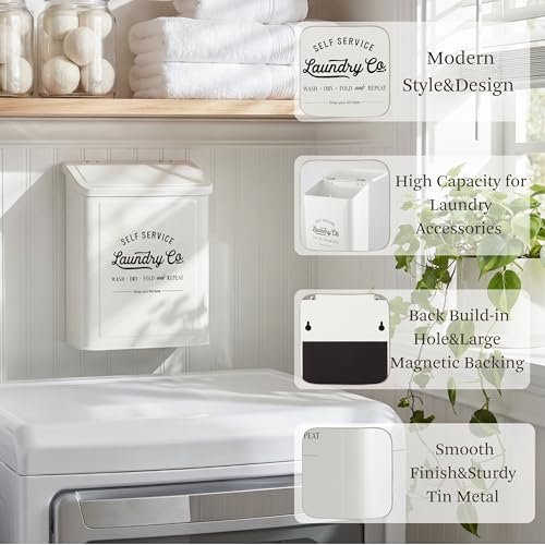 MONJITA Magnetic Lint Bin for Laundry Room, Metal Trash Can with Lid for Dryer, Farmhouse Lint Holder, Laundry Co Sign, Laundry Room Storage Decor with Dryer Lint Brush(White) - color: White