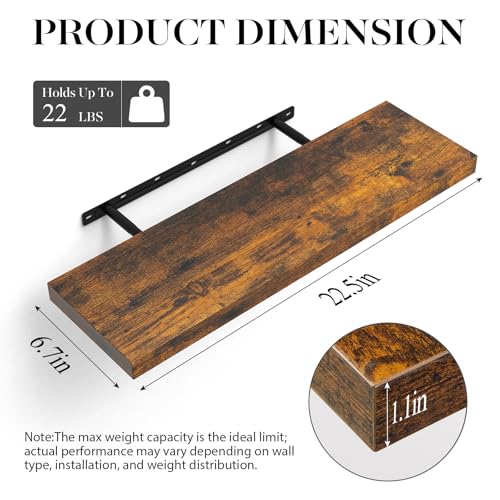 BAYKA Floating Shelves Set of 2, 22.5 inches Farmhouse Rustic Wood Wall Mounted Shelves for Bathroom, Bedroom, Living Room or Kitchen, Hanging Shelf Decor Book with 22lbs Capacity, Rustic Brown - color: B. Rustic Brown - Americana Farmhouse Style, size: 2