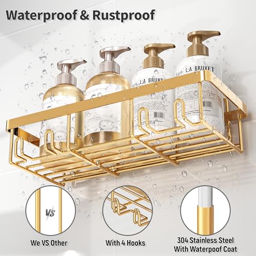 Liuoud 10 Pack Shower Caddy Organizer Rack Shelf for Inside Shower, Self Adhesive Wall Storage Basket Rustproof Stainless Steel Shampoo Holder Bathroom Accessory Decor Set, Gold - color: Gold