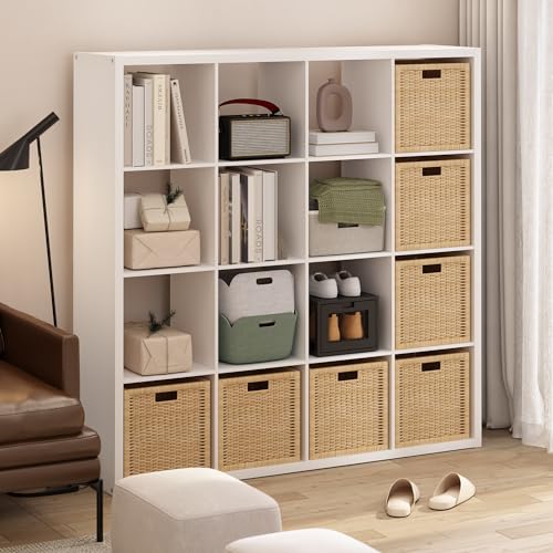 Furinno Cubicle Book Shelf, 16-Cube Bookshelf, Extra Thick Frame Reversible Tall Wide Bookcase with Open Back, 14.6 x 57.8 x 58, for Living Room, Bedroom, Home Office, Plain White - color: Plain White, size: 16-Cube