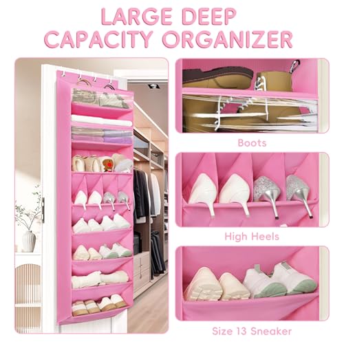 FENTEC 1 Pack 8 Shelves Over The Door Shoe Organizer,68" Exlarge Deep Pockets Hanging Shoe Organizers, Shoe Rack for Closet, Shoe Holder for Boots,Over Door Organizer in Home, RV, Dorm, Pink - color: PINK-(25+ Pairs), size: 1 Pack