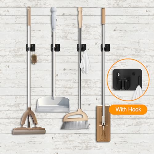 4 Pack Stainless Steel Broom Holder Wall Mount with Hook, Screw Drilling Broom and Mop Organizer Wall Hanging, Heavy Duty Storage Rack for Laundry Garage Closet Garden Tool Organizer, Black - color: D-Black, size: 4PCS Gripper