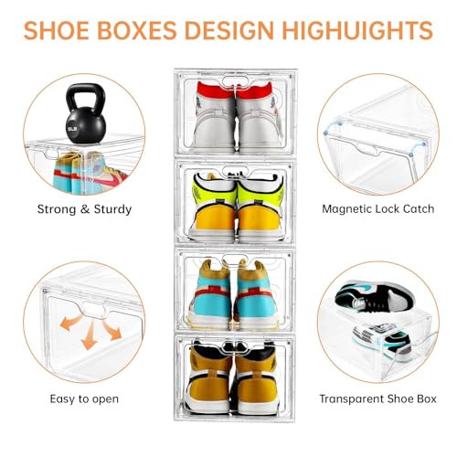 INSTY 12 Pack Large Shoe Storage Box, Clear Shoe Storage Organizer with Magnetic Door, Stackable,Shoe Containers For Display Sneakers, Easy Assembly, Fit up to US Size 12, Clear - color: Clear, size: 12