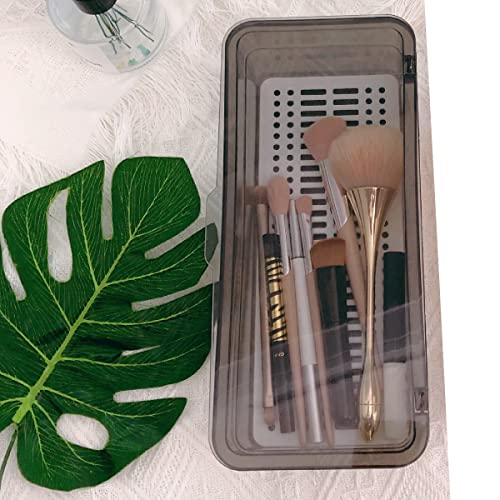 Flatware Tray Kitchen Drawer Organizer With Lid And Drainer - Plastic Kitchen Cutlery Tray and Utensil Storage Container with Cover - Dinnerware Holder for Spoons Forks Knives 10.0x4.3x2.8 - color: Coffee