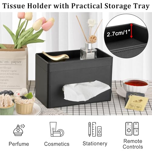 Sumnacon Tissue Box Cover with Storage Tray, Decorative Rectangular Tissue Holder PU Leather Facial Tissues Organizer Stylish Modern Tissue Dispenser for Bathroom Toilet Tank Vanity Dresser Table - color: Black